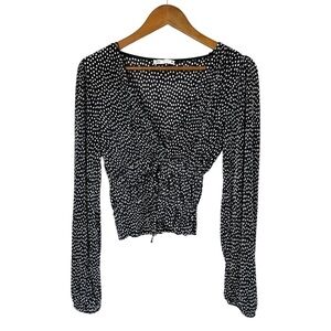 ZARA Black White V-neck Pleated Polka Dot Tie Blouse Long Sleeve Women's Size S